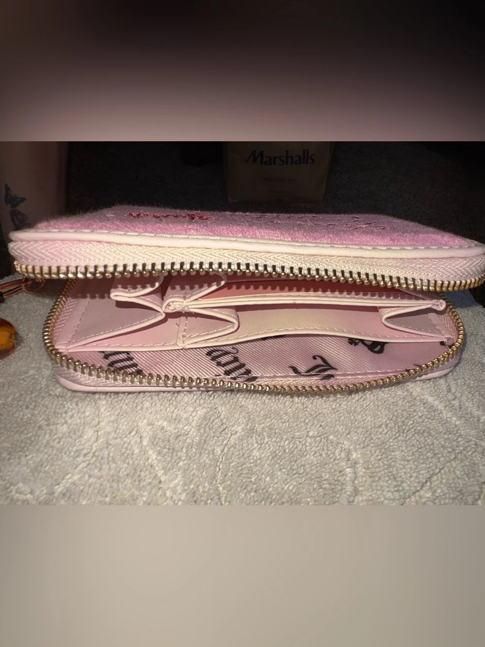 Juicy Couture Pink Cherry Blossom Retro velour Wallet with Strawberry Embroidery